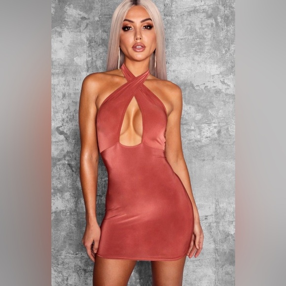 Boohoo Slinky Twist Front Bodycon Dress - Terracotta NWT (New With Tags) - Picture 1 of 3